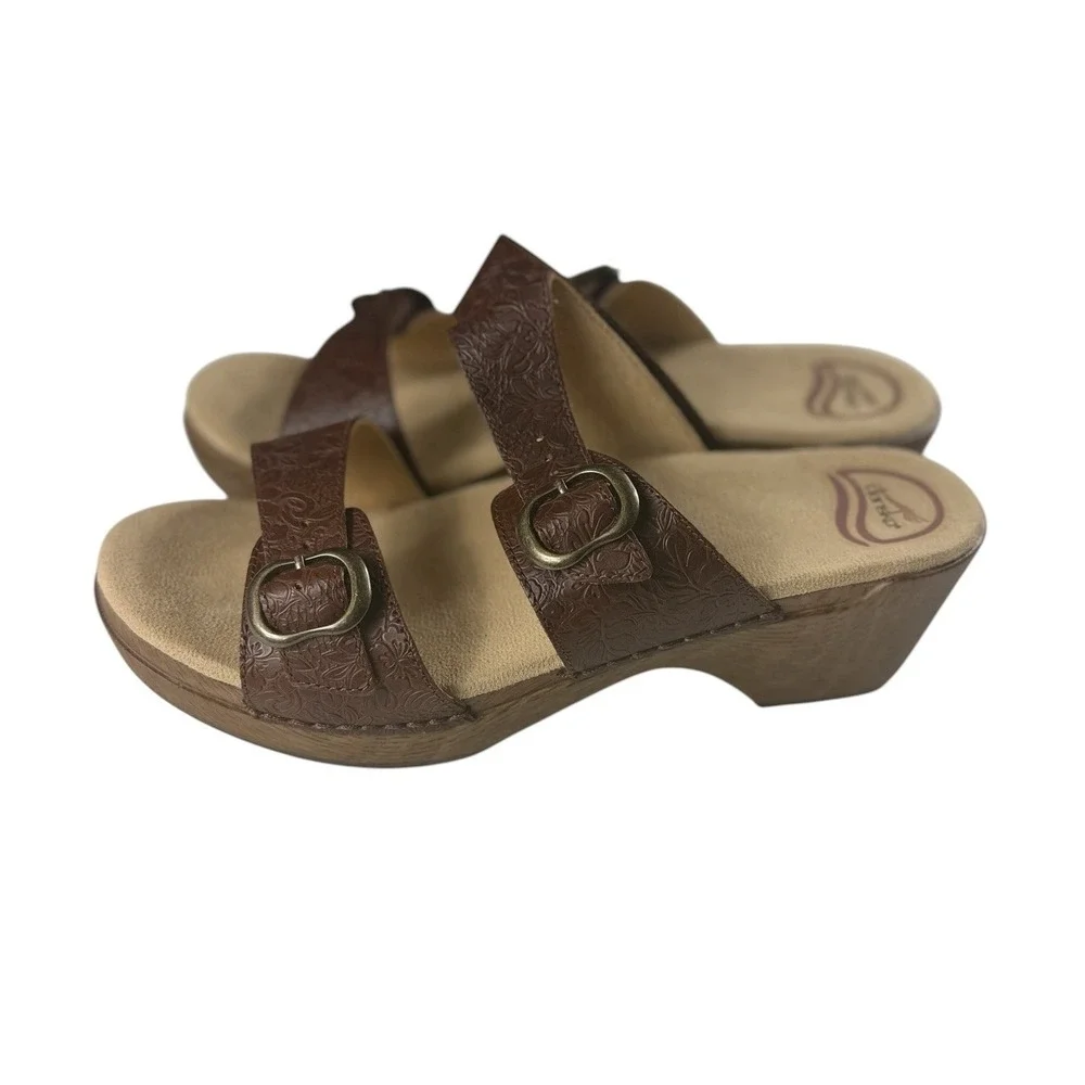 Dansko Sophie Floral Tooled Brown Leather Slide Sandals EU 41 US 10.5